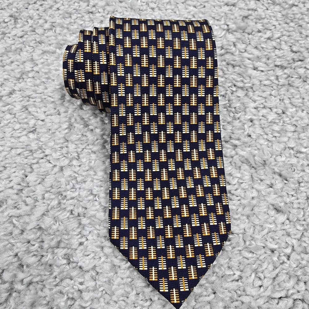 Hickey Freeman Silk Tie Mens Navy Gold Geometric Made in Italy Preppy Classic